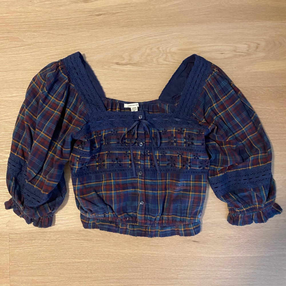 American Eagle plaid boho top with flower cut-outs